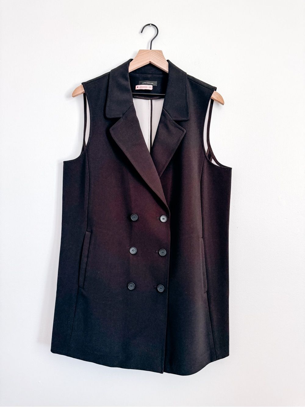 Ann Taylor Black Double Breasted Longline Blazer Vest Sleeveless Jacket